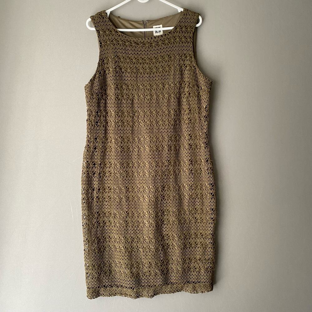 Anne Klein‎ Cotton Boho Lagenlook Crochet Overlay Sheath Dress 10 Olive Green